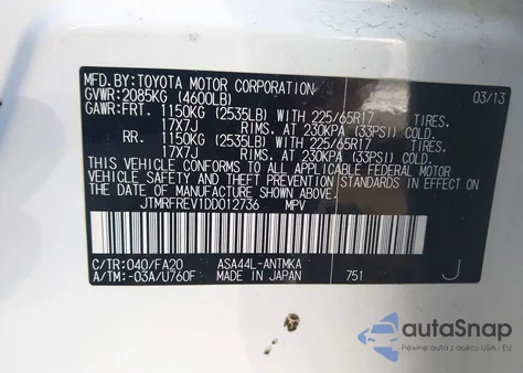 2013 Toyota Rav4 Xle z USA, uszkodzony, nr VIN JTMRFREV1DD012736